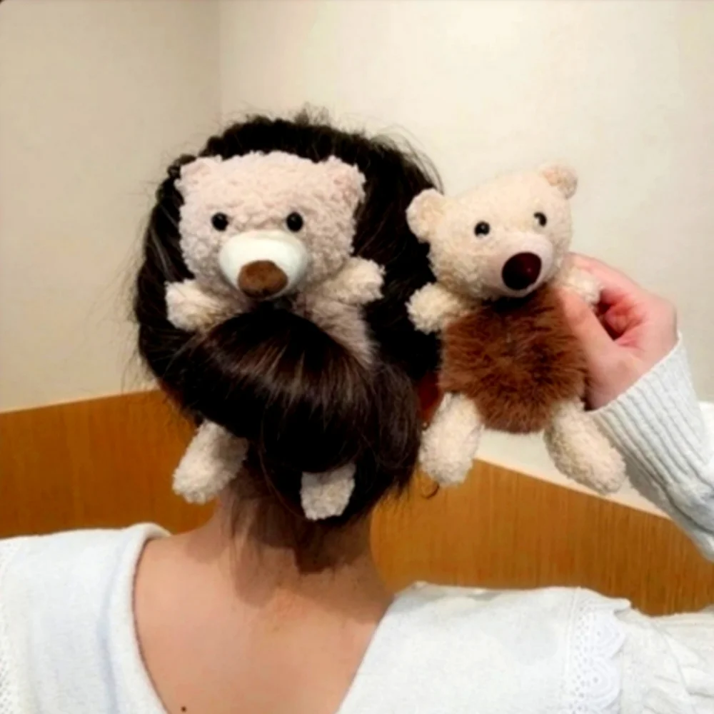 Teddy Bear w Fur belly Hair Scrunchie - Khaki